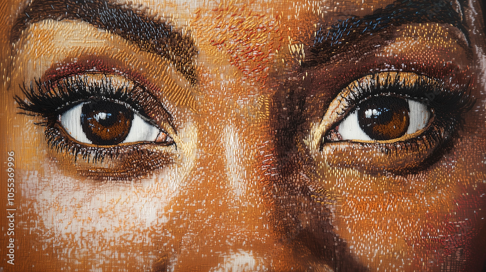 Warm Brown Eyes with Embroidery Patterns in Tapestry-Style Portrait Warm Brown Eyes with Embroidery Patterns in Tapestry-Style Portrait