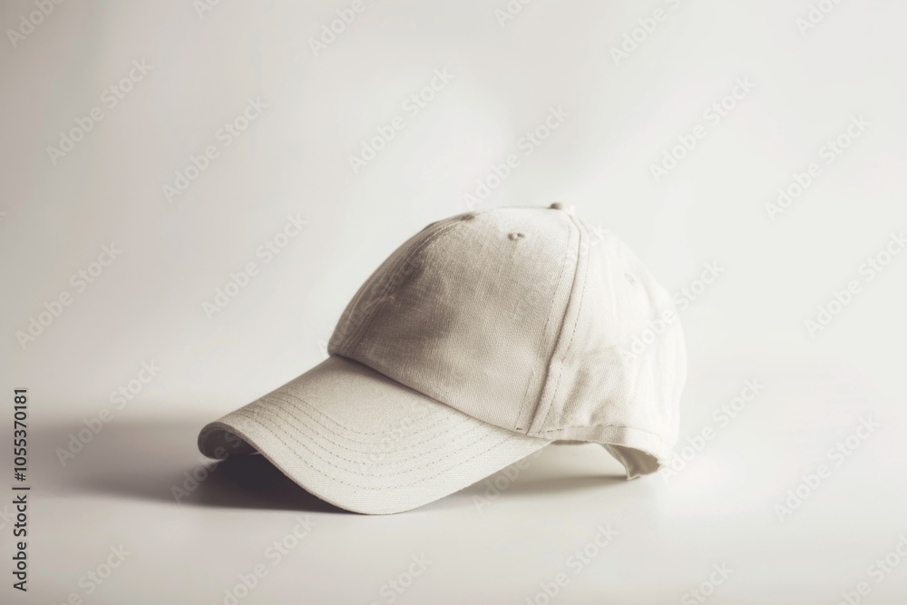 A single white baseball cap sits on top of a table, great for use in sports-themed illustrations or as a prop in still life compositions A single white baseball cap sits on top of a table, great for use in sports-themed illustrations or as a prop in still life compositions
