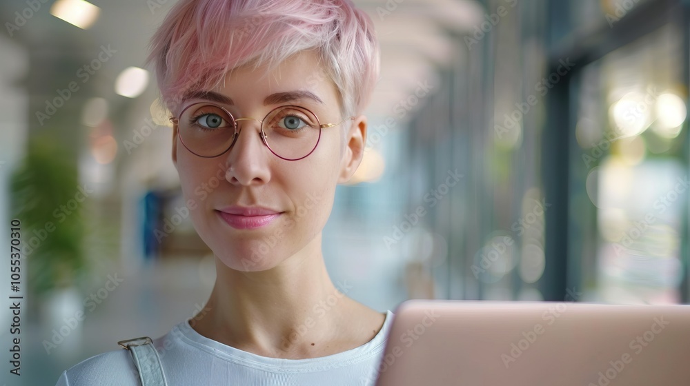 Portrait of Specialist with Pink Hair Working in Modern Office