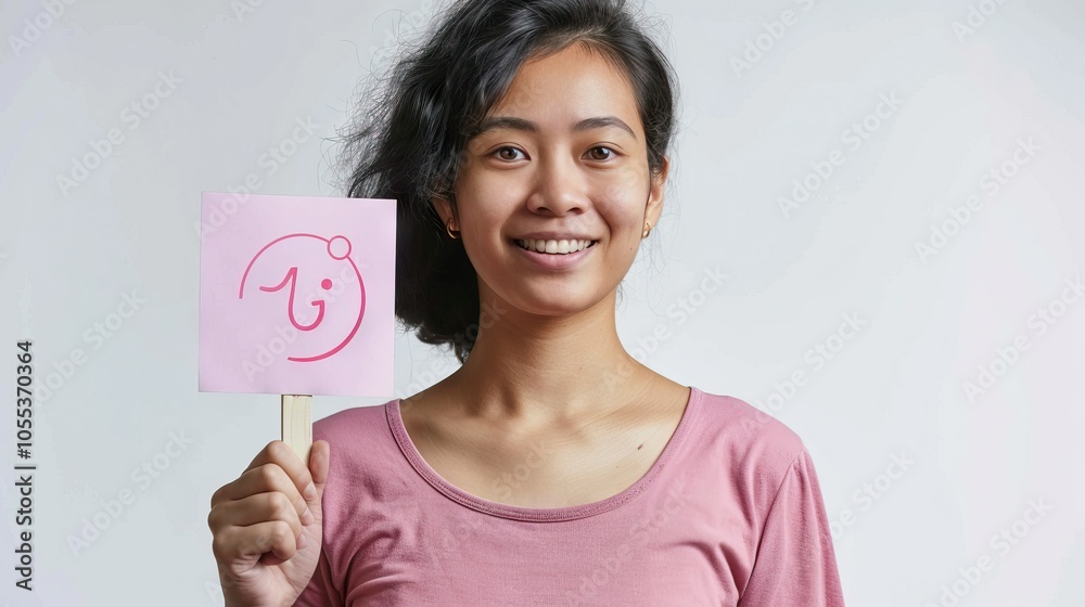 Non binary Asian person holding support sign smiling in pink. Non binary Asian person holding support sign smiling in pink.