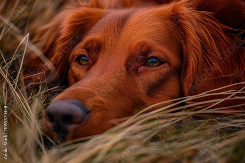 Setter: Obedient Irish Dog Laying in Nature Field, Red Coat in Grass