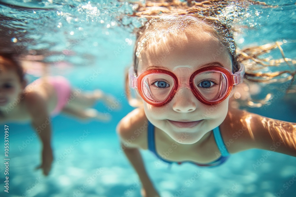 Naklejka premium Swim Lesson for Children: Group Learning, Kicking Techniques in Swimming Pool
