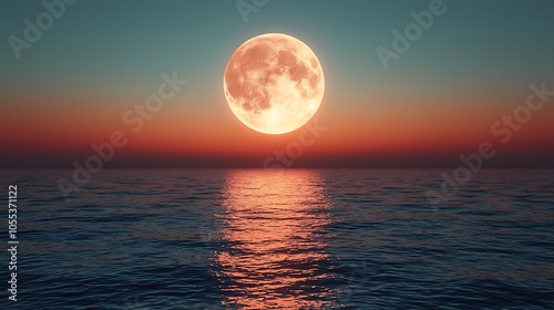 Full moon rising over a calm ocean at dusk.