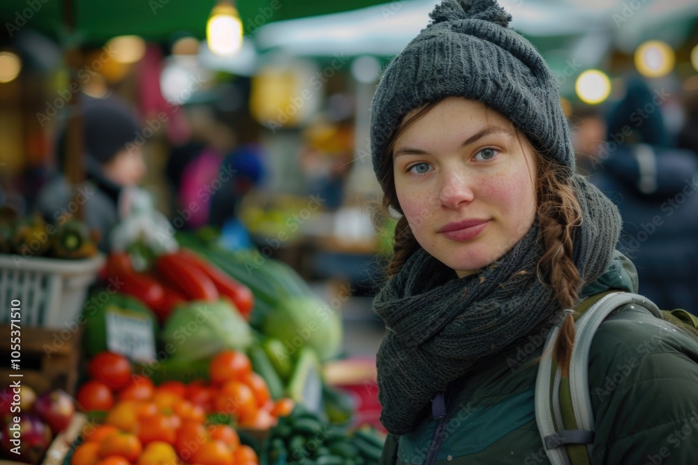 A woman standing at a colorful fruit and vegetable stand with a variety of fresh produce A woman standing at a colorful fruit and vegetable stand with a variety of fresh produce