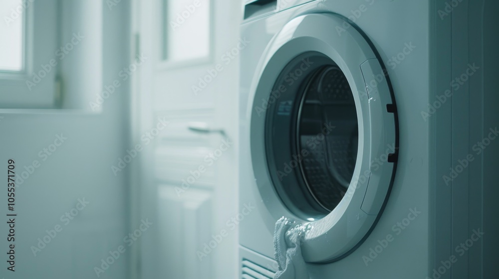 A white washer sits next to a window in a bathroom A white washer sits next to a window in a bathroom
