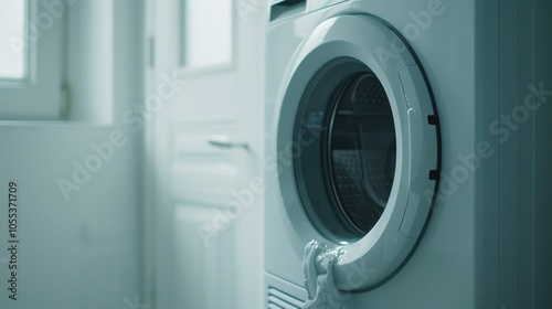 A white washer sits next to a window in a bathroom