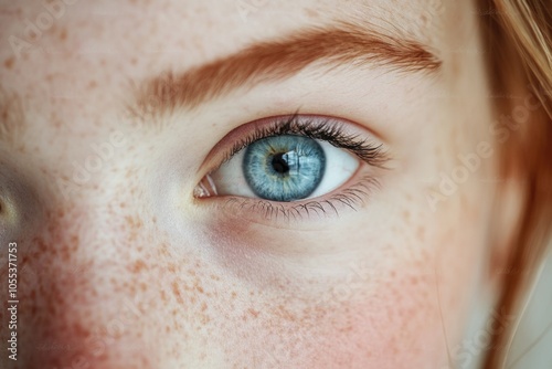 A detailed view of a human eye with visible freckles, suitable for use in portraits or illustrations