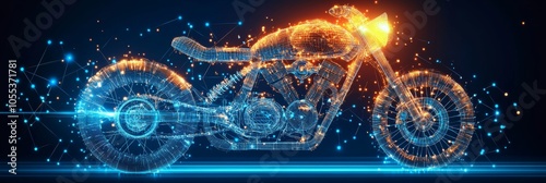 Digital Motorcycle on Blue Technology Background. Two Wheeler Symbol in Lines, Dots, Triangles.