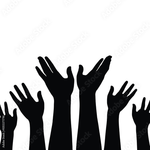 a black and white silhouette of a group of hands reaching up towards the sky.