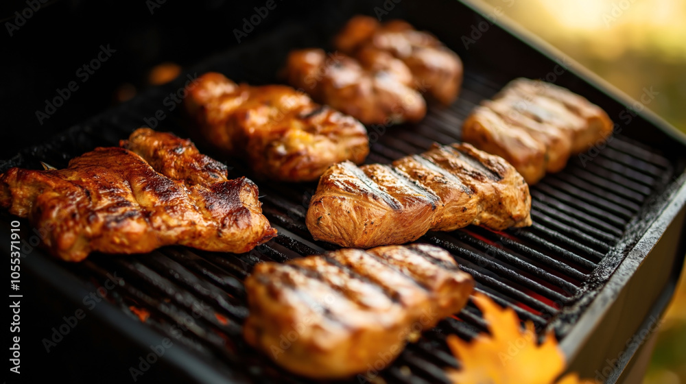 Close-up of grilled meat steaks cooking on a barbecue, with visible grill marks and charred surfaces, set against a blurred natural outdoor background. Close-up of grilled meat steaks cooking on a barbecue, with visible grill marks and charred surfaces, set against a blurred natural outdoor background.
