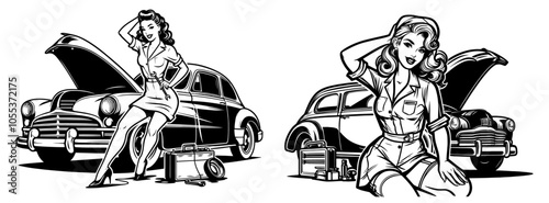 Classic pin-up automotive mechanics illustration – black vector