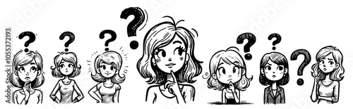 set of thoughtful girl expressions with question marks, hand-drawn black vector