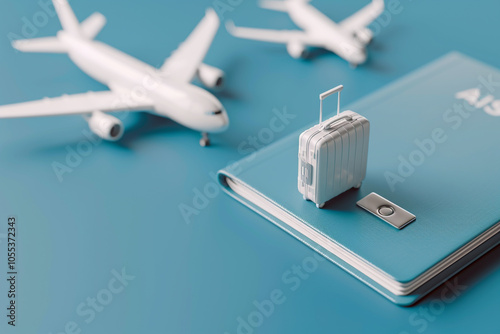 3D-style artwork featuring baggage and airplanes on a passport with a blue backdrop. Suitable for travel agencies, blogs, flight promotions, and tourism marketing