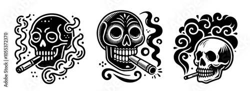 Set of smoking skull illustrations in gothic tattoo style – black vector