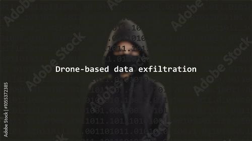 Cyber attack drone-based data exfiltration text in foreground screen, anonymous hacker hidden with hoodie in the blurred background. Vulnerability text in binary system code on editor program. photo