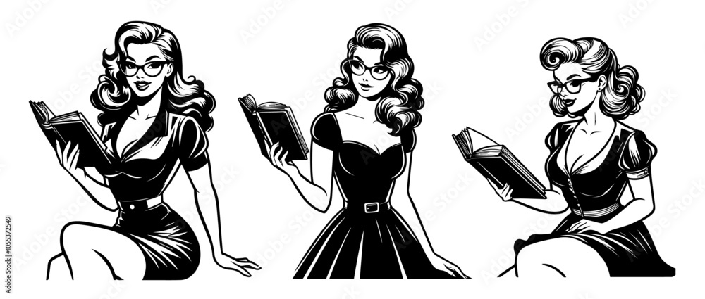 pin-up style sexy teacher character holding book, classic vintage look, black vector pin-up style sexy teacher character holding book, classic vintage look, black vector