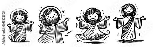 Sacred illustration of Jesus with open arms – black vector cartoon style