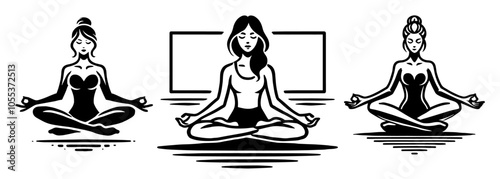 Elegant female yoga silhouettes in black vector