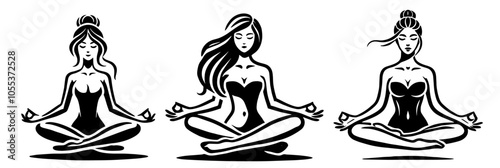 Meditative women in yoga poses black vector set