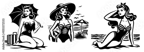 Set of pin-up style women enjoying the beach – vintage swim black vector