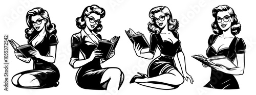 seductive pin-up girl teacher holding a book, styled in classic vintage fashion, black vector