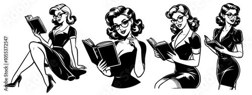 classic pin-up girl as a teacher with book in hand, styled in black vector illustration