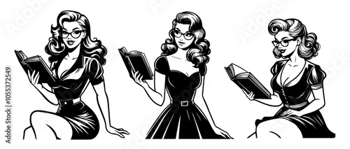 pin-up style sexy teacher character holding book, classic vintage look, black vector