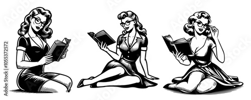 vintage pin-up girl teacher with book, playful expression and classic black vector design