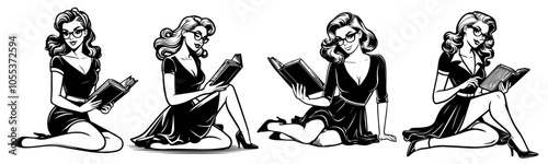 classic pin-up style teacher character with book, retro fashion, black vector