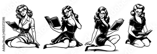 vintage-inspired pin-up teacher holding a book, stylish and alluring black vector illustration