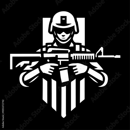 military soldier holding rifle illustration set – black vector