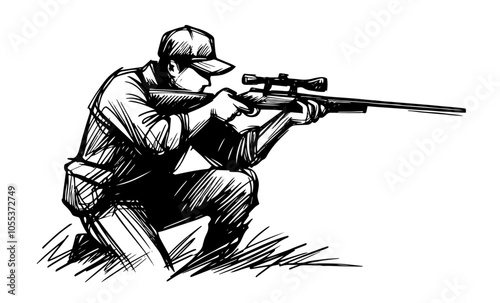 hunter with precision rifle, aiming from a kneeling position in nature, detailed line art black vector