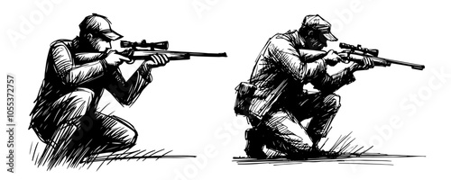 detailed black vector of a hunter with a scoped rifle in kneeling position, preparing to shoot in nature