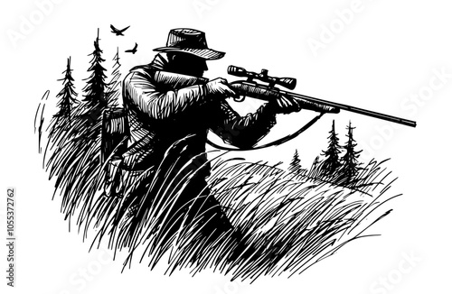 outdoor hunting scene with man aiming a scoped rifle while kneeling, black and white detailed vector art