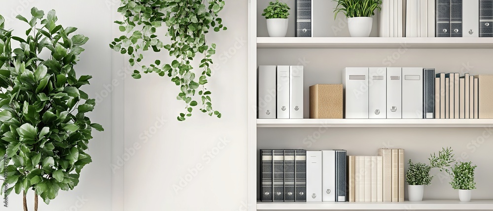 Modern white bookshelf against wall featuring decorative plants and organized folders for home or office interior design inspiration