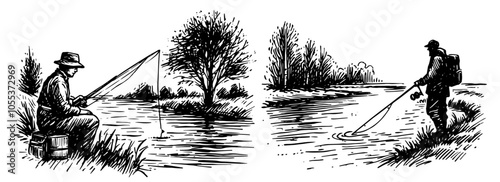 Vintage fishing scene in nature – black vector artwork