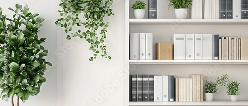 Modern white bookshelf against wall featuring decorative plants and organized folders for home or office interior design inspiration