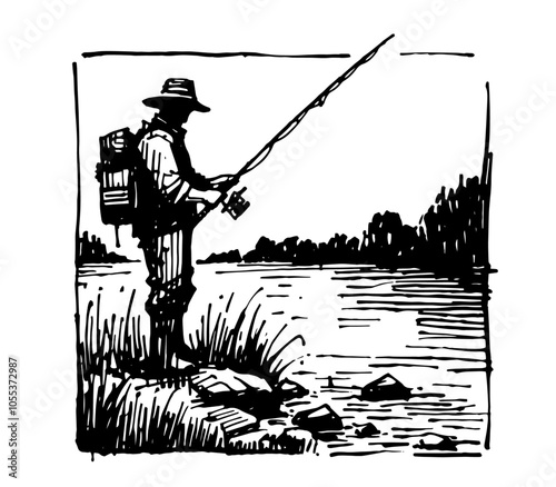 Vintage fishing scene in nature – black vector artwork