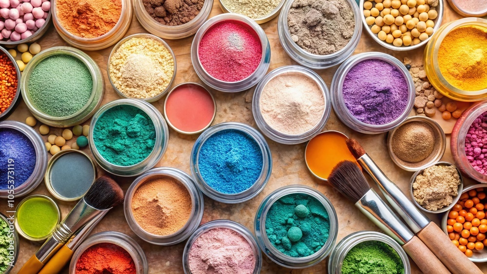 Aerial View of Natural Mineral Makeup Products with Multi-Colored Shadows Aerial View of Natural Mineral Makeup Products with Multi-Colored Shadows