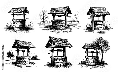 expressive line art of a rustic well, emphasizing cultural heritage and old-world charm black vector