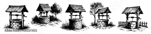 classic well sketch in line art style, showcasing heritage and rustic beauty in monochrome black vector