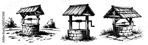 traditional well line art illustration, highlighting rustic craftsmanship in minimalist style black vector