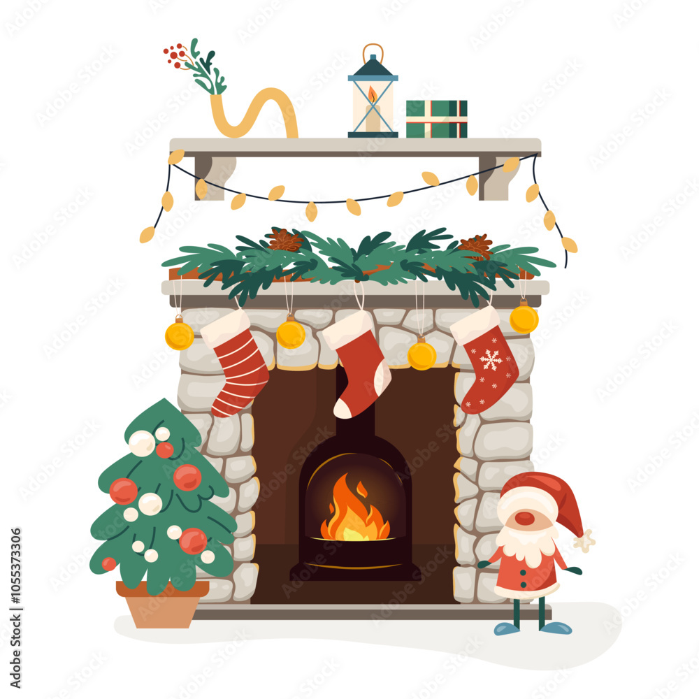 Obraz premium Cozy Christmas interior bonfire or hearth with mantelpiece. Home winter fireplace with socks, gifts, firs inviting warm fire. Warm cozy hearth exudes holiday cheer. Vector flat illustration