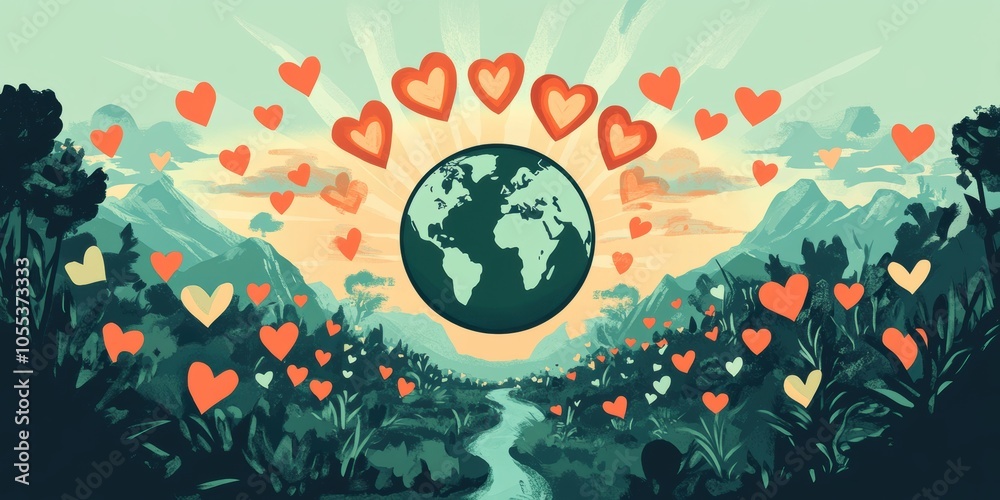 Fototapeta premium Green earth surrounded by red hearts.