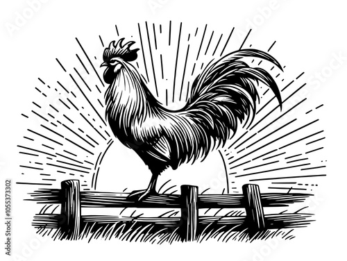 Illustration of a proud rooster on a fence with sunburst effect – vector art