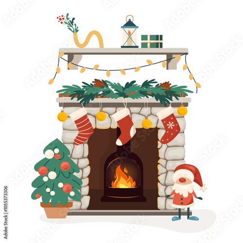 Cozy Christmas interior bonfire or hearth with mantelpiece. Home winter fireplace with socks, gifts, firs inviting warm fire. Warm cozy hearth exudes holiday cheer. Vector flat illustration