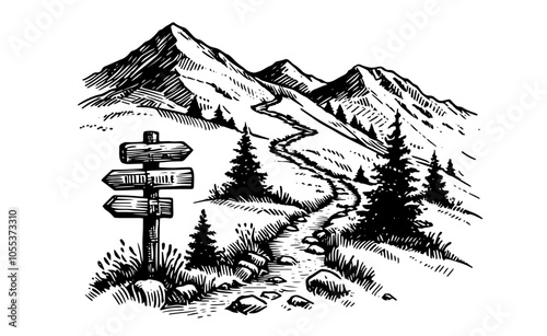 pathways through mountains with wooden signposts, black vector art