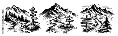 mountain trails with signposts in wilderness scenery, black vector