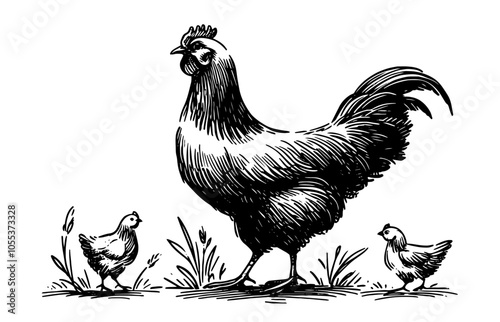 Mother hen with chicks illustration – vintage farm black vector