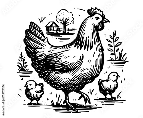 Mother hen with chicks illustration – vintage farm black vector